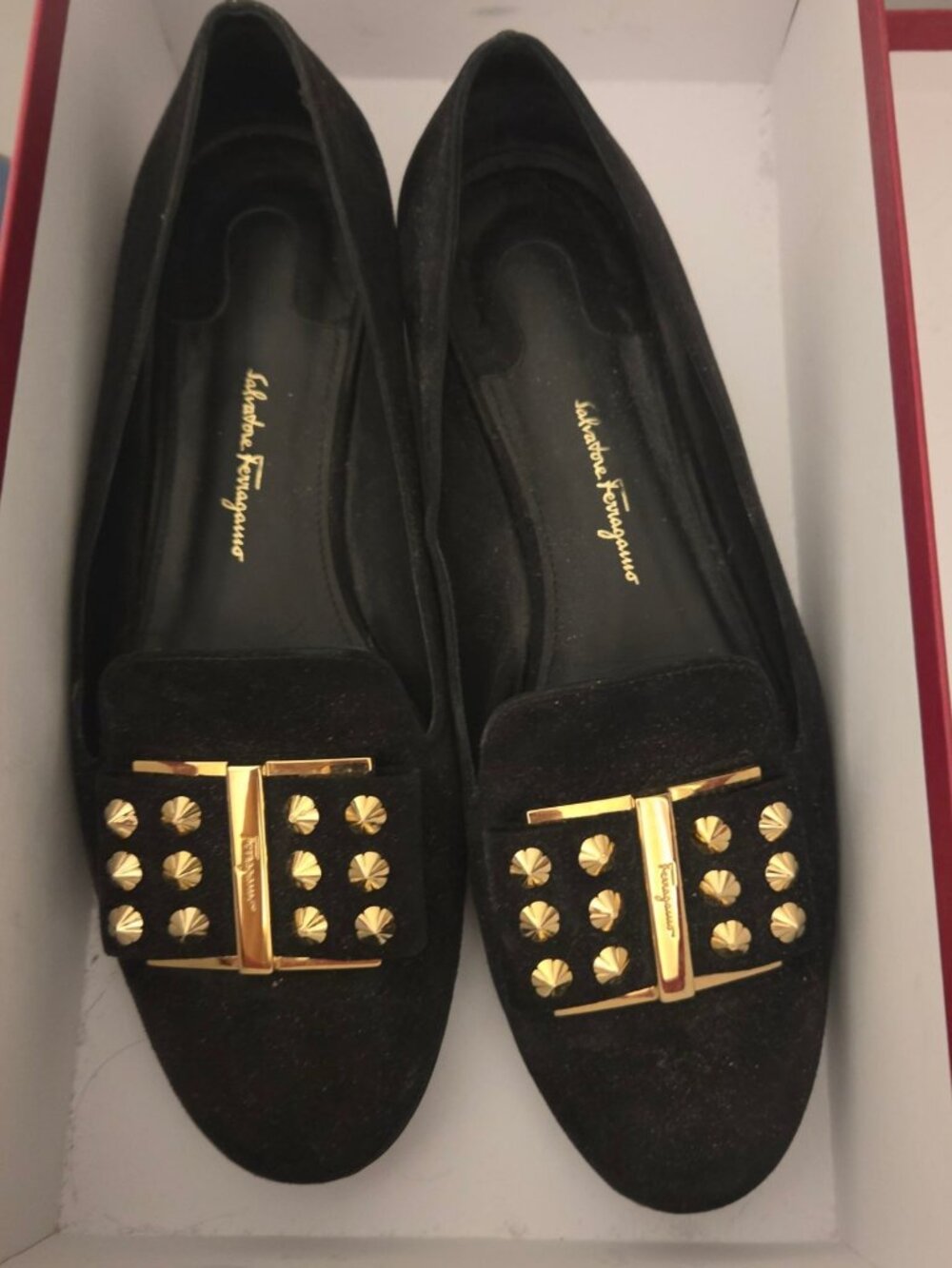 Salvatore Ferragamo Sarno Studded Loafers Black Suede Sz 8C - W/ Original Box - Picture 4 of 16
